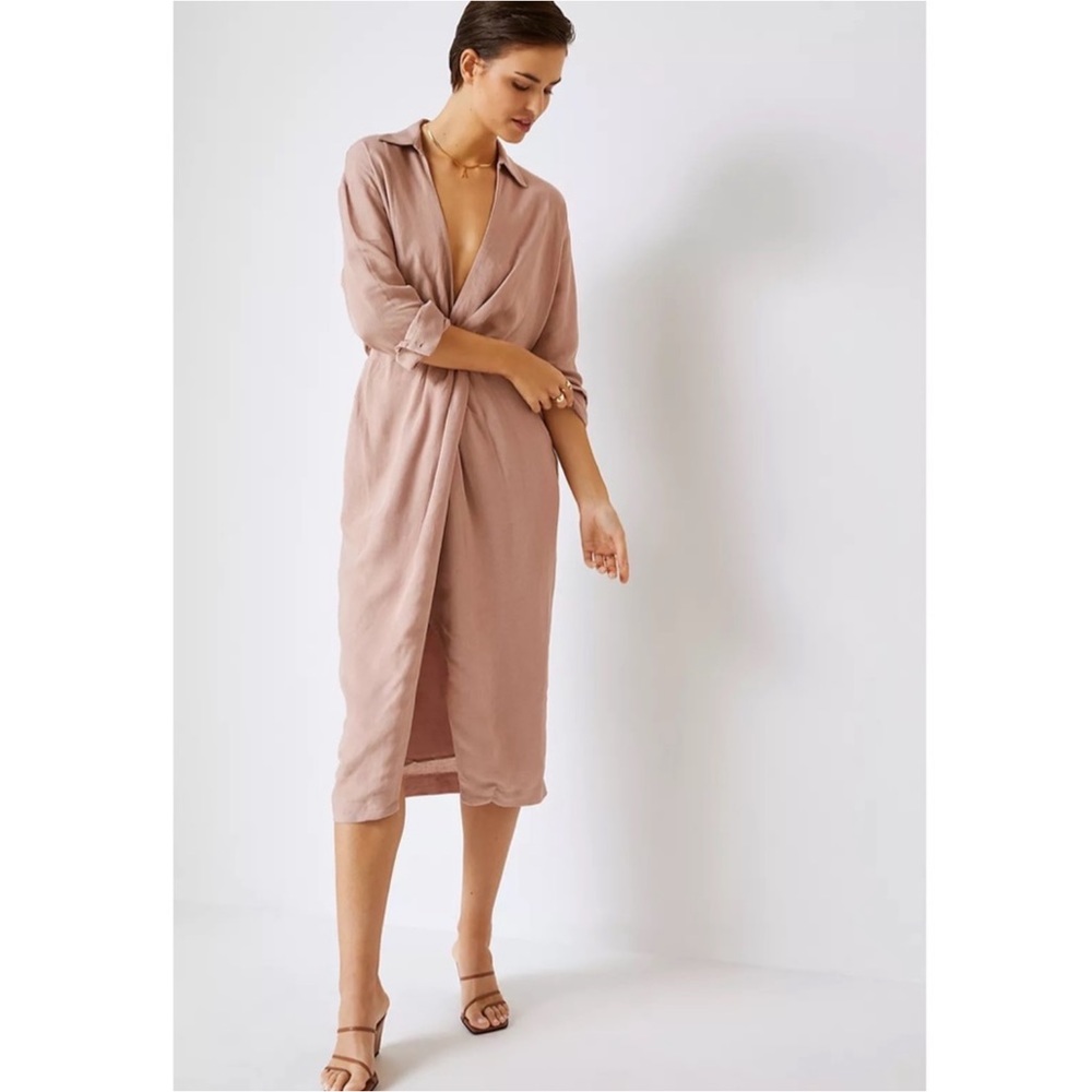 Anthropologie V-Neck Knot Front Midi linen Dress